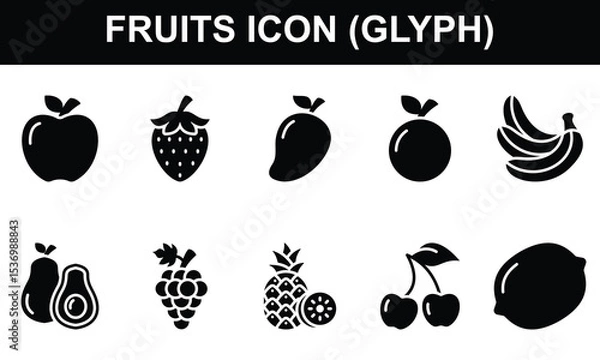 Obraz Fruits Icon Set Collection. Containing Apple, Strawberry, Mango, Orange, Banana, Avocado, Grape, Pineapple, cherry, Lemon. Simple Glyph Vector Illustration.