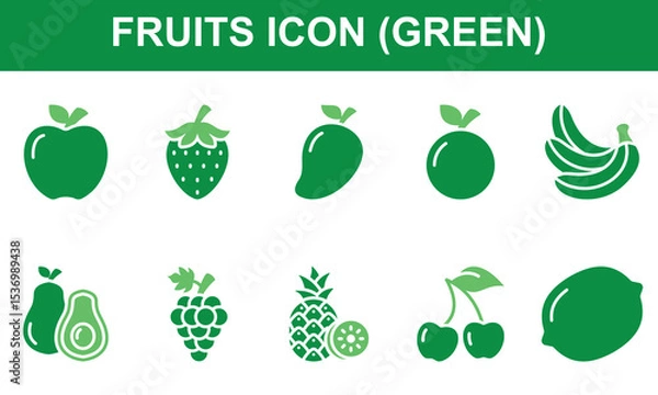 Obraz Fruits Icon Set Collection. Containing Apple, Strawberry, Mango, Orange, Banana, Avocado, Grape, Pineapple, cherry, Lemon. Simple Green Vector Illustration.