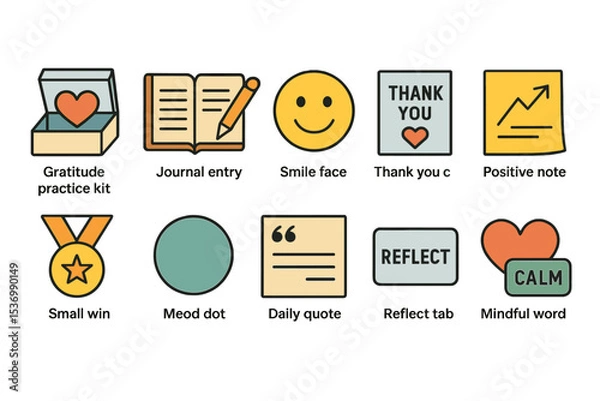 Fototapeta Gratitude icons: journal, smile, thank you, positive note, calm reflections