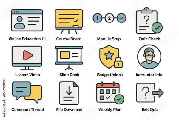 Fototapeta Online education icons: course board, quiz check, lesson video, badge, instructor info