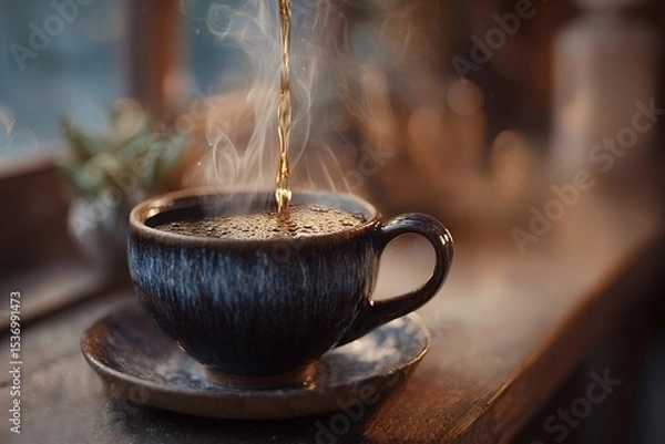 Obraz Hot steaming coffee is being poured into a dark blue ceramic cup standing on a saucer on a wooden table by a window, creating a cozy atmosphere