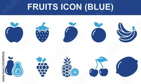 Obraz Fruits Icon Set Collection. Containing Apple, Strawberry, Mango, Orange, Banana, Avocado, Grape, Pineapple, cherry, Lemon. Simple Blue Vector Illustration.