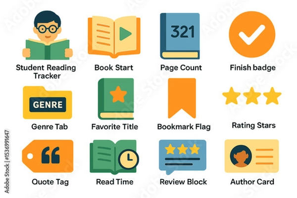 Fototapeta Colorful book and reading icons set with various features