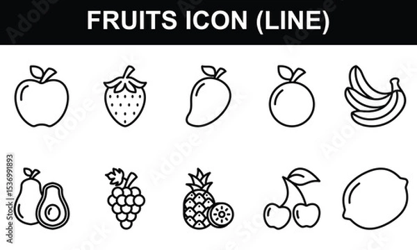 Obraz Fruits Icon Set Collection. Containing Apple, Strawberry, Mango, Orange, Banana, Avocado, Grape, Pineapple, cherry, Lemon. Simple Line Vector Illustration.