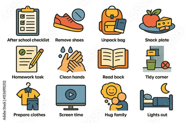 Fototapeta After school routine checklist for kids with homework and hygiene icons