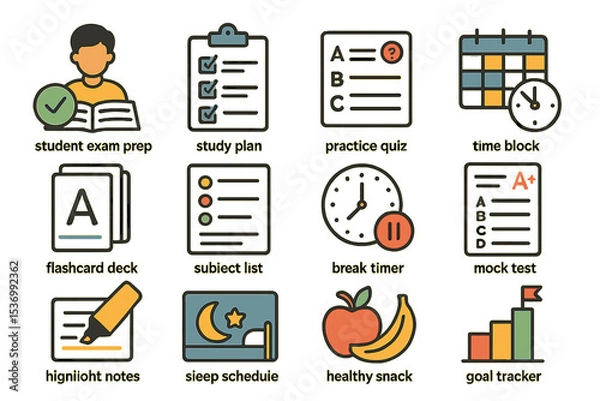 Fototapeta Student exam prep icons: study plan, quiz, flashcards, mock test, healthy snack