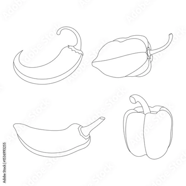 Fototapeta Four In Four Styles Outline Pepper Vector Design Bundle. Pepper Habanero Jalapeno Bell Serrano. Vector Illustration
