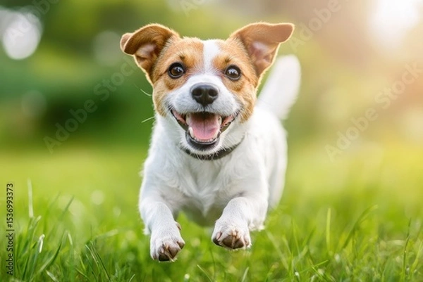 Fototapeta A joyful Jack Russell Terrier runs energetically across a green grassy field with sunlight softly glowing in the background.