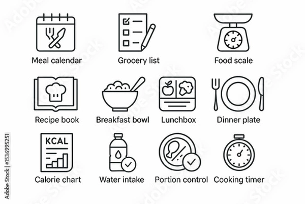 Fototapeta Meal planning essentials: calendar, grocery list, food scale, recipe book, calorie chart