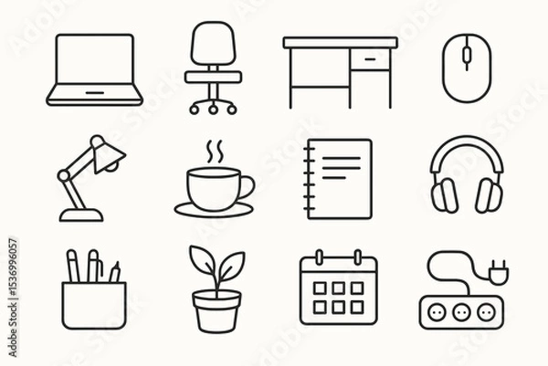 Fototapeta Minimalist office icons: laptop, chair, desk, mouse, and more in line art style