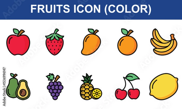Obraz Fruits Icon Set Collection. Containing Apple, Strawberry, Mango, Orange, Banana, Avocado, Grape, Pineapple, cherry Lemon. Simple Color Vector Illustration.