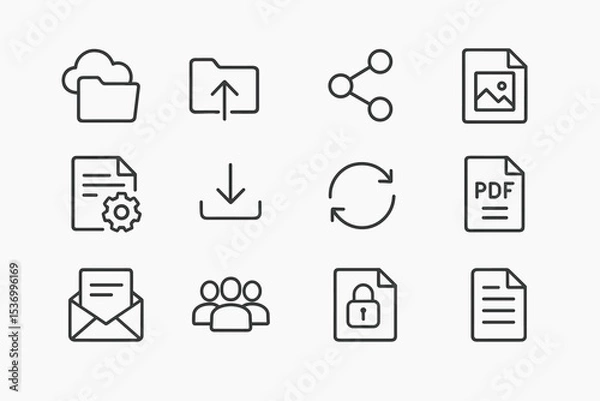 Fototapeta Set of file management icons: upload, download, share, pdf, security, synchronization