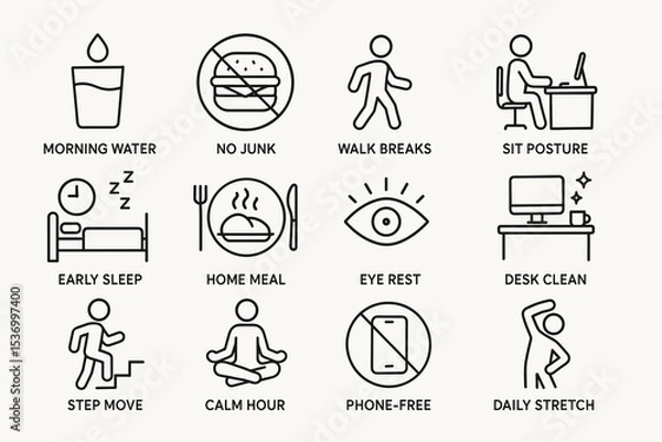 Fototapeta Healthy lifestyle icons: hydration, nutrition, exercise, and wellness tips