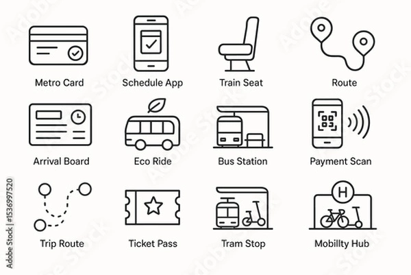 Fototapeta Public transport icons: metro card, eco ride, payment scan, mobility hub, route navigation