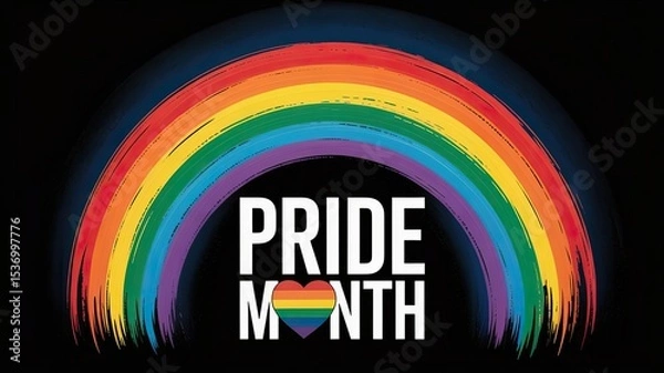 Fototapeta Pride Month 2025 poster – vibrant digital illustration of the LGBT community flag in the form of a rainbow and a heart on an elegant black background