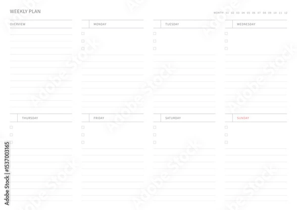 Fototapeta A weekly plan design template in a modern, simple, and minimalist style. Note, scheduler, diary, calendar, planner document template illustration.