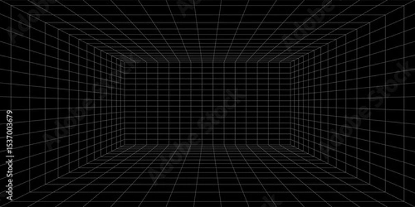 Obraz Futuristic perspective grid box. Abstract wireframe with white grid line on black background. Virtual reality landscape in 80s 90s digital style. Vector illustration.
