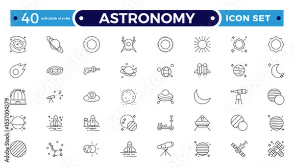 Fototapeta Astronomy icon of science observatory, satellite and rocket .space and planet outline Icons, thin line style. Contains such Icons as space, planet, alien, solar. Editable stroke outline icon.
