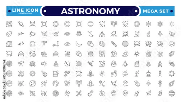 Fototapeta Astronomy icon of science observatory, satellite and rocket .space and planet outline Icons, thin line style. Contains such Icons as space, planet, alien, solar. Editable stroke outline icon.
