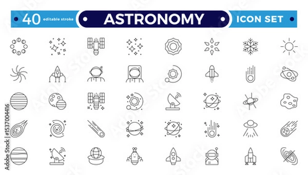 Fototapeta Astronomy icon of science observatory, satellite and rocket .space and planet outline Icons, thin line style. Contains such Icons as space, planet, alien, solar. Editable stroke outline icon.
