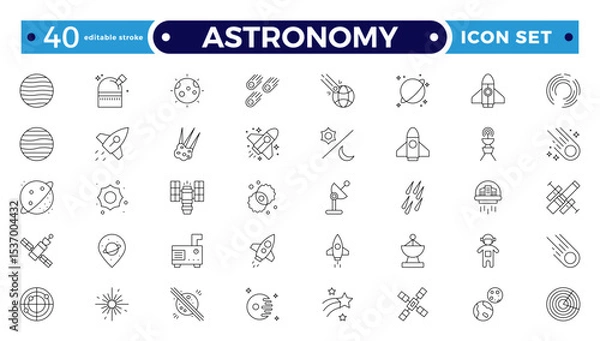 Fototapeta Astronomy icon of science observatory, satellite and rocket .space and planet outline Icons, thin line style. Contains such Icons as space, planet, alien, solar. Editable stroke outline icon.

