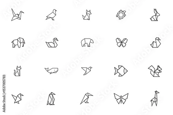 Fototapeta Origami animal icon set, geometric polygonal line art collection of wild animals, minimalist vector for creative design