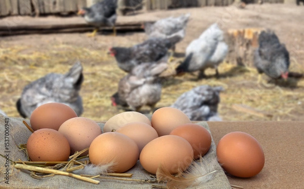 Obraz Farm eggs on burlap and straw on chickens graze background