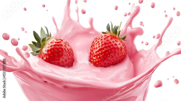 Obraz Bursting Flavor: Fresh Strawberry Dropped into Pink Milk - Transparent Background 3D Render