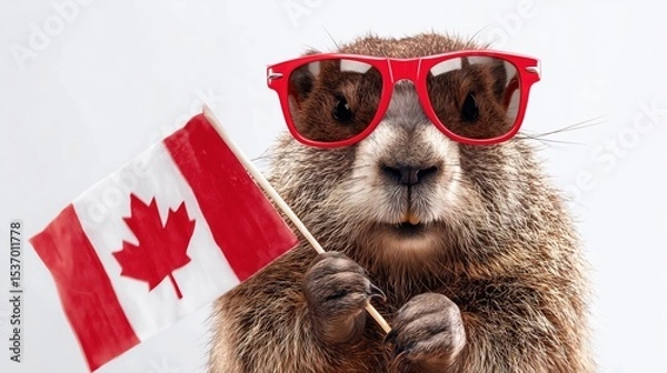 Obraz Cute beaver holding a Canadian flag and wearing bright red sunglasses, standing proudly against a clean white background.