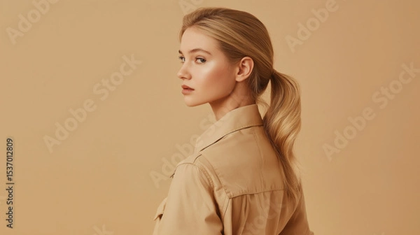 Obraz A smiling blond woman with elegant hair and glamourous style looks at the viewer