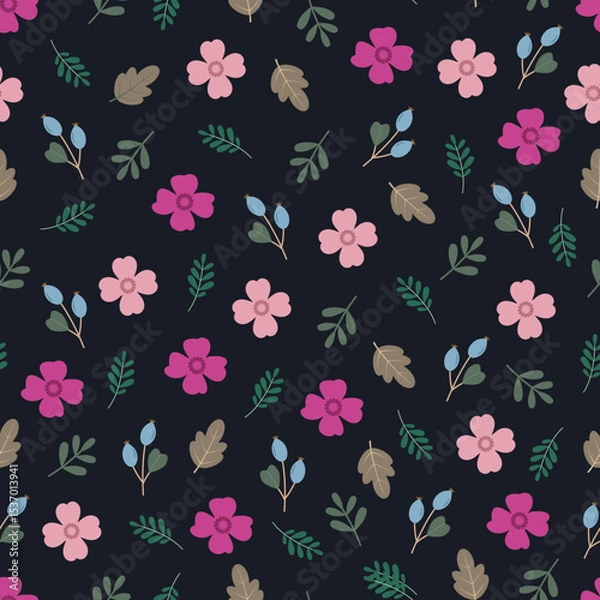 Obraz Scandinavian flowers, leaves and berries floral vector seamless surface pattern design