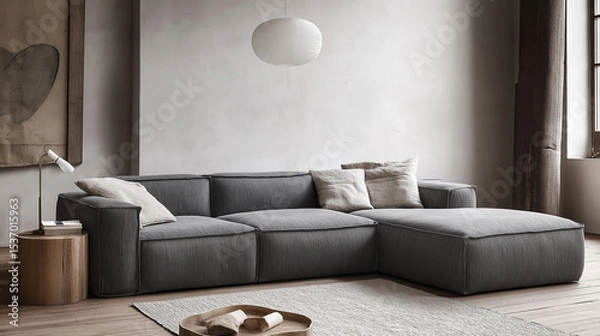 Obraz Contemporary living room interior with a comfortable sofa, modern furniture, and ambient lighting creating a luxurious home design
