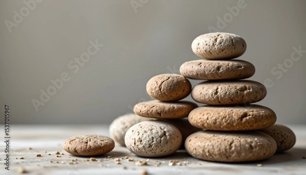 Fototapeta high quality, abstract composition of stacked rounded objects with subtle textures, set against a blurred, calming background.