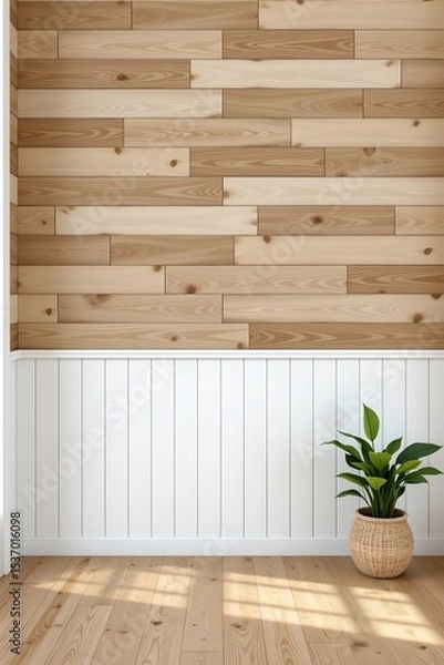 Fototapeta high quality, wooden tiles and stripes wall decor in pure white tones, subject at bottom, ample copy space at top, perfect for photos.