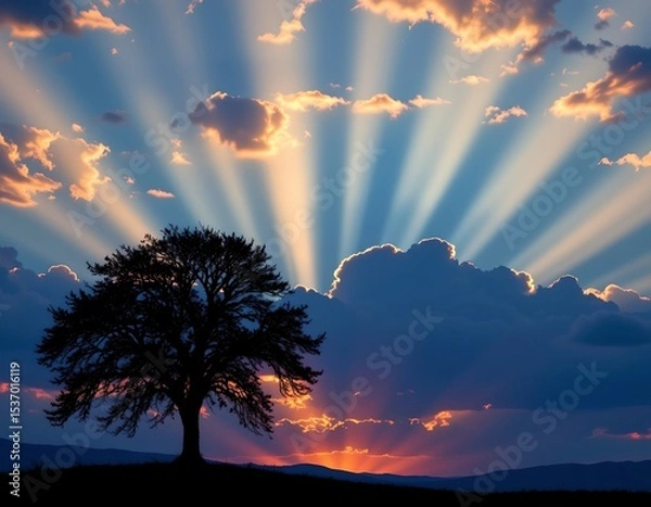 Fototapeta high quality, silhouetted tree on horizon at twilight art prompt: light beams through dark clouds, creating celestial display above tree silhouette at bottom