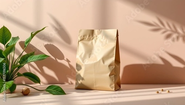 Fototapeta high quality, contemporary digital render of a paper bag with leaves, smooth gradients, soft shadows, minimalist aesthetic