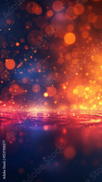 Fototapeta Bright lights sparkle over a dark surface, creating a glowing abstract scene with orange and blue tones and a vibrant magical effect.