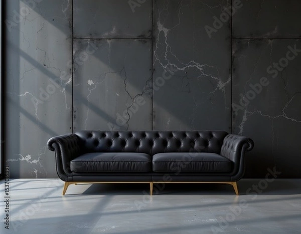 Fototapeta high quality, luxury black sofa against dark concrete wall, golden shine style, subject at bottom with copy space at top.