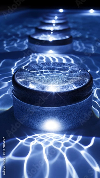 Fototapeta Water reflects bright light on smooth, round stones in a shallow pool; the ripple effect is visible.