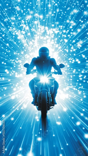 Fototapeta A person rides a dark motorcycle with bright light toward a blue space with many star like specks in the distance.