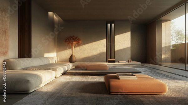 Obraz Modern living room interior with a fireplace, featuring contemporary furniture, sofa, and natural light by the window