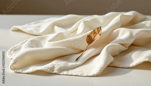 Fototapeta high quality, elegant minimalist composition with flowing soft fabric layered on a smooth surface, accented by a single dried leaf, neutral tones.