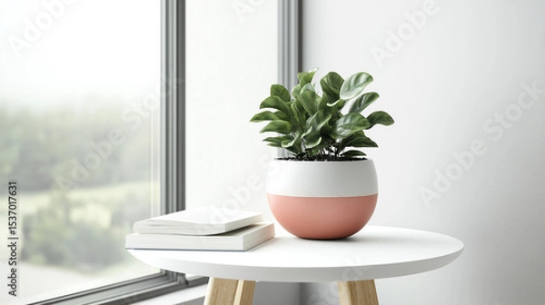 Obraz Mockup ceramic vase of houseplant with book on white