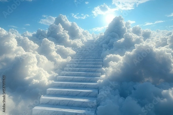 Fototapeta Stairway to the Sky with Surreal Clouds and Sunlight, Dreamlike and Ethereal Scene, Copy Space