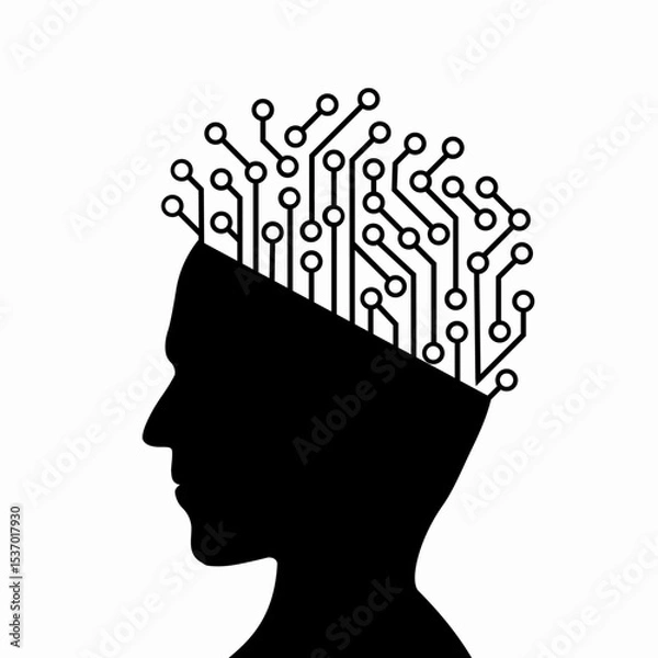 Obraz Silhouette of a human head with an electronic circuit instead of hair. Isolated on a white background. Vector illustration