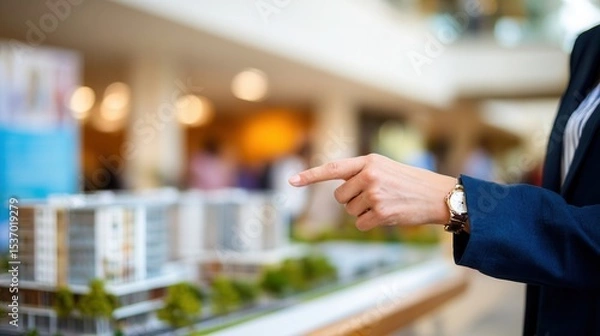 Fototapeta Person gestures towards architectural model of city, showcasing detailed representation of buildings and greenery. setting appears to be modern exhibition space, filled with soft lighting