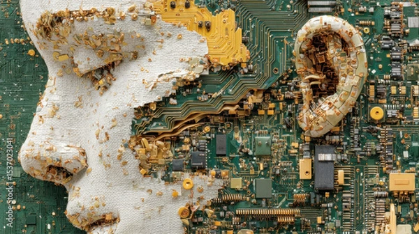 Obraz An intricate human face is sculpted from a circuit board, blending electronic components with artistic mosaic textures