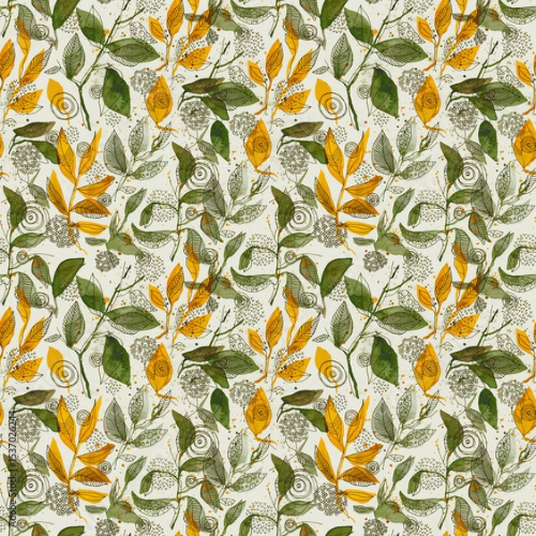 Obraz Watercolor Green and Yellow Botanical Seamless Pattern. Hand Drawn Autumn Foliage Illustration