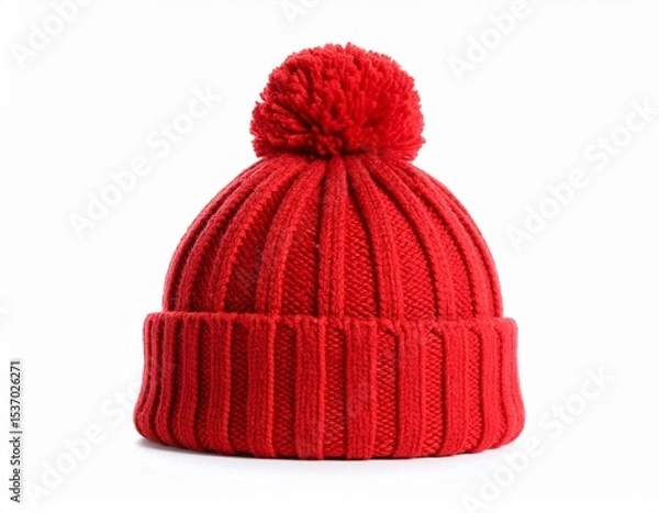 Fototapeta red knitted hat with pompom isolated on white background 