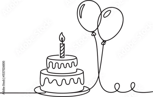Fototapeta continuous single line drawing of birthday cake with candle and balloons in black line art on white background